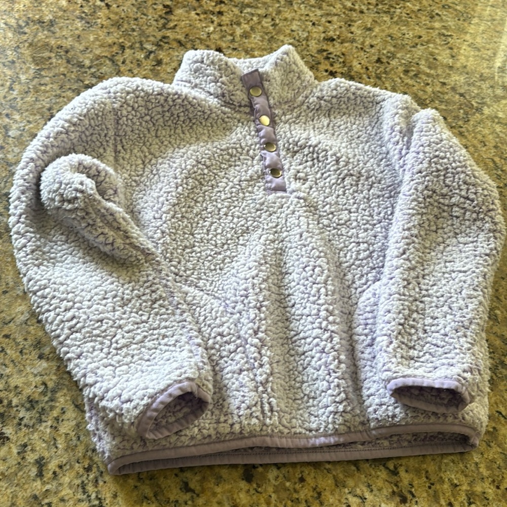 Girls light purple fuzzy, 3/4 button up sweatshirt